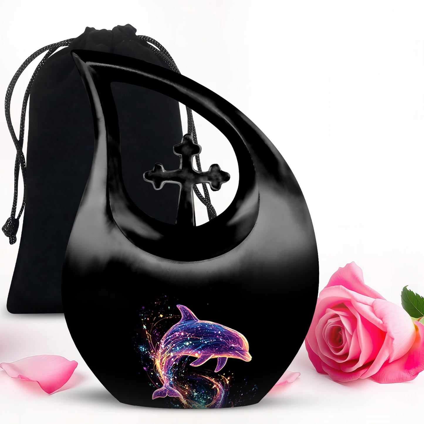 Midnight Black Dolphin Cremation Urn top-down view of secure threaded lid - devotional cross-drop dolphin engraving - full-size 10 inch 200 cubic inch adult cremation urn