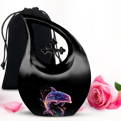 Midnight Black Dolphin Cremation Urn top-down view of secure threaded lid - devotional cross-drop dolphin engraving - full-size 10 inch 200 cubic inch adult cremation urn