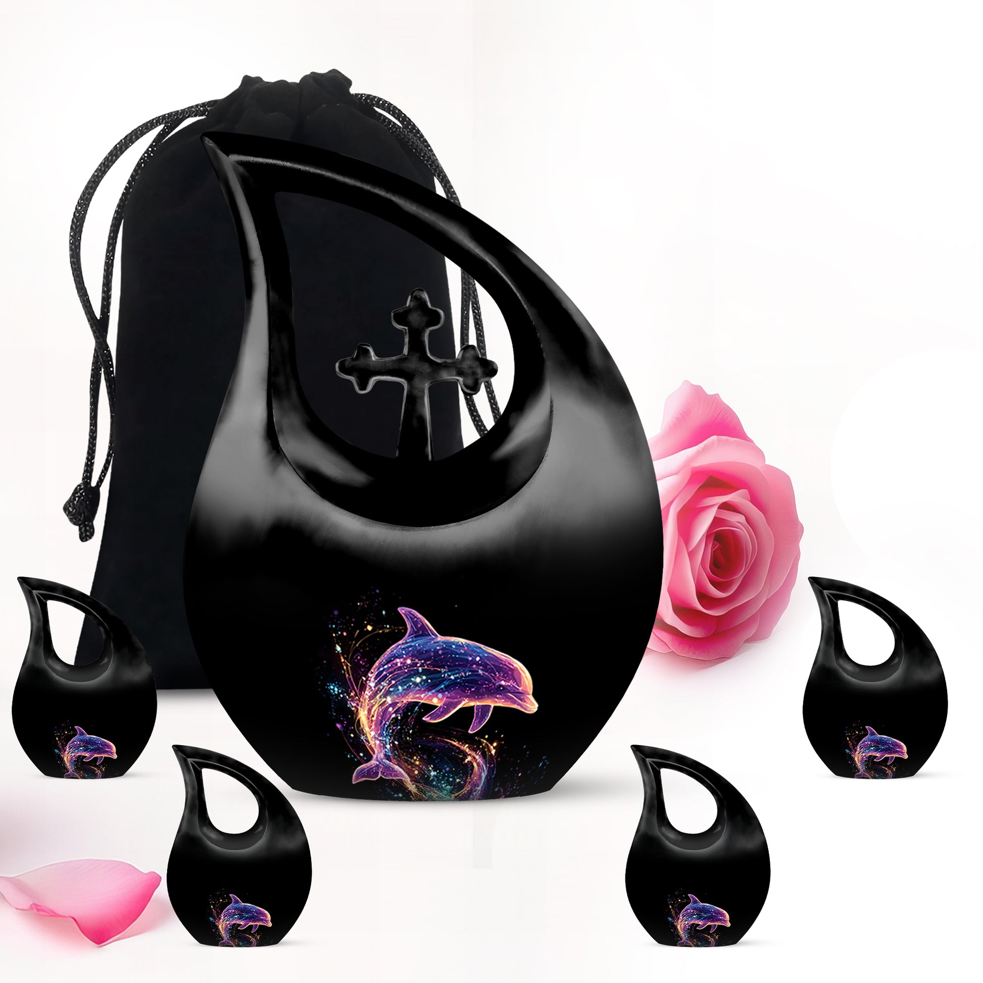 Onyx Black Dolphin Cremation Urn urn with complimentary velvet bag - devotional cross-drop dolphin engraving - memorial set with one large and four small urns