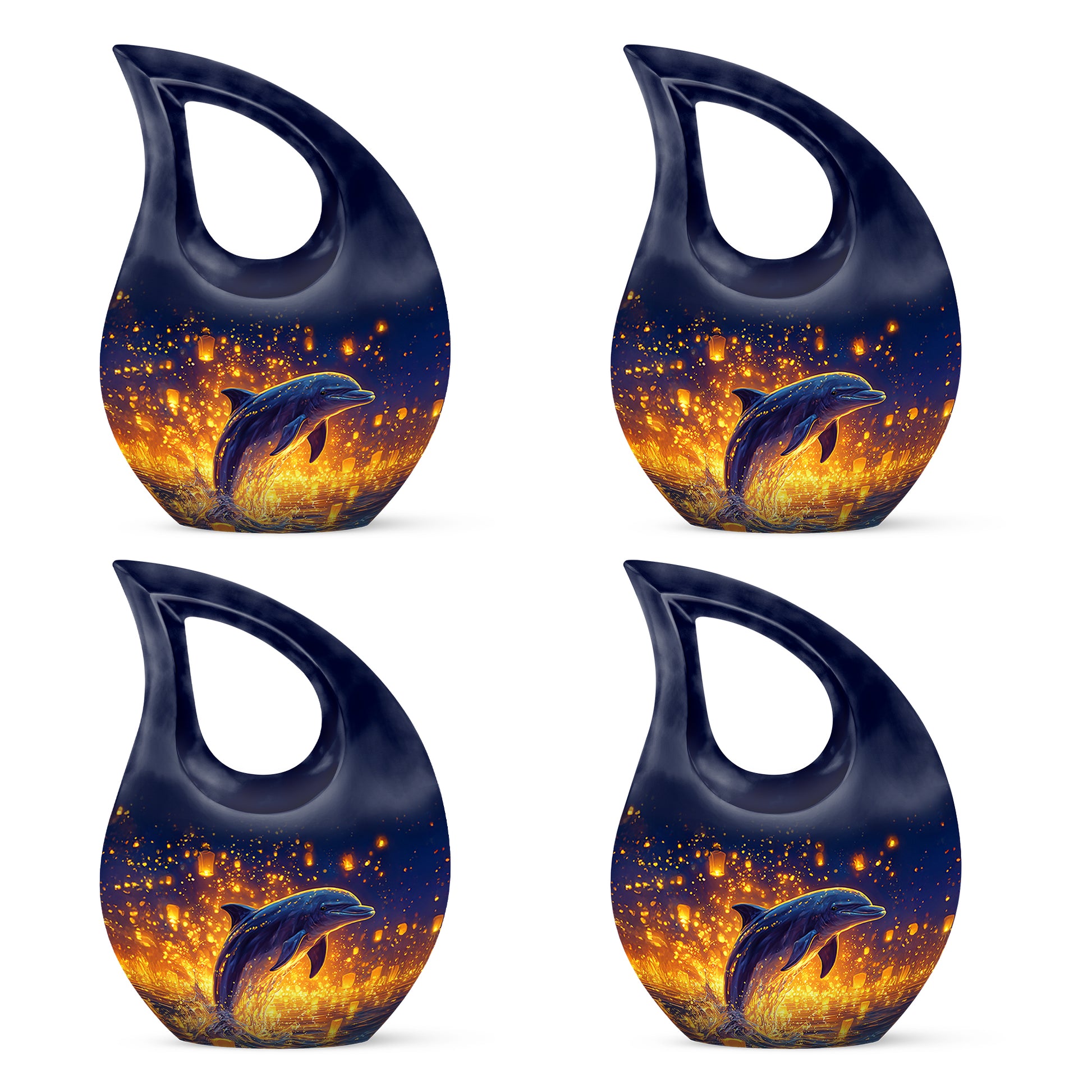 Azure Dolphin Cremation Urn lifestyle display on memorial shelf - sacred cross merged with dolphin motif on metal - 10 inch aluminum urn for cremated remains