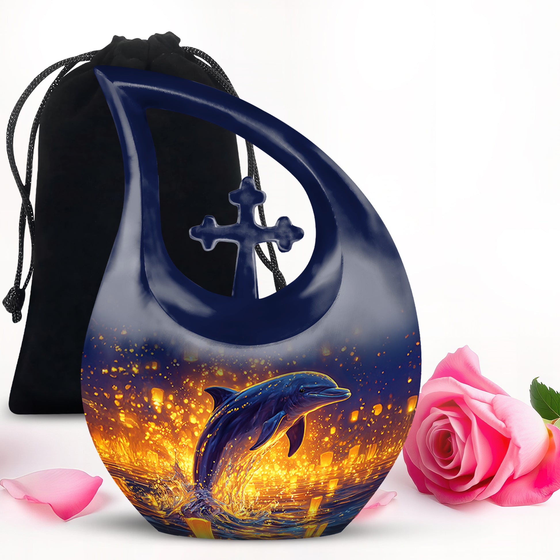Cornflower Blue Dolphin Cremation Urn top-down view of secure threaded lid - devotional cross-drop dolphin engraving - full-size 10 inch 200 cubic inch adult cremation urn