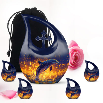 Bright Blue Dolphin Cremation Urn urn with complimentary velvet bag - faith-inspired cross-drop urn with dolphin pattern - memorial set with one large and four small urns