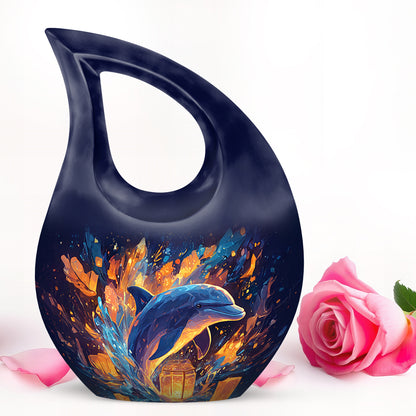 Blue Serene Dolphin Memorial Urn for Ashes - 10-inch, 200 cu in - Yatskia