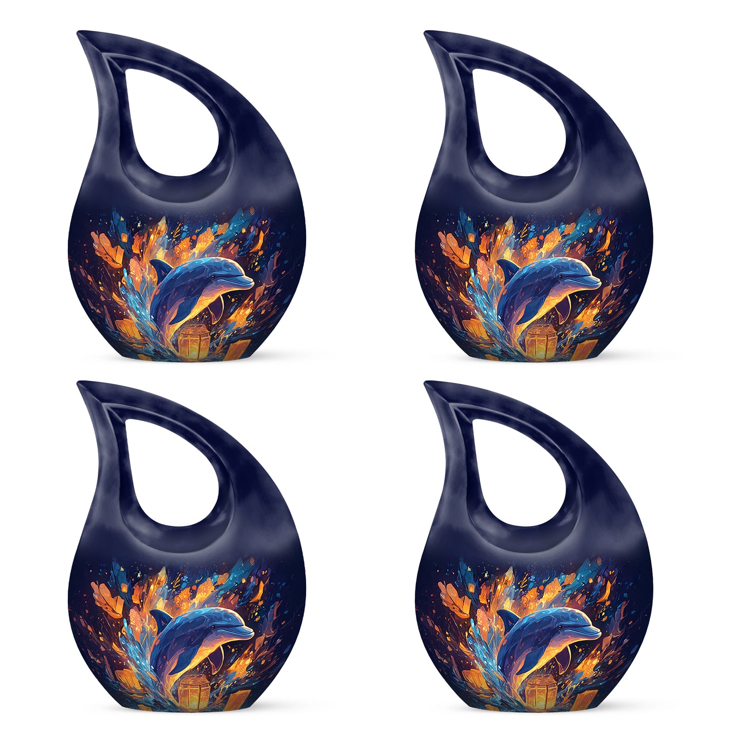 Powder Blue Dolphin Cremation Urn lifestyle display on memorial shelf - sacred cross merged with dolphin motif on metal - 10 inch aluminum urn for cremated remains