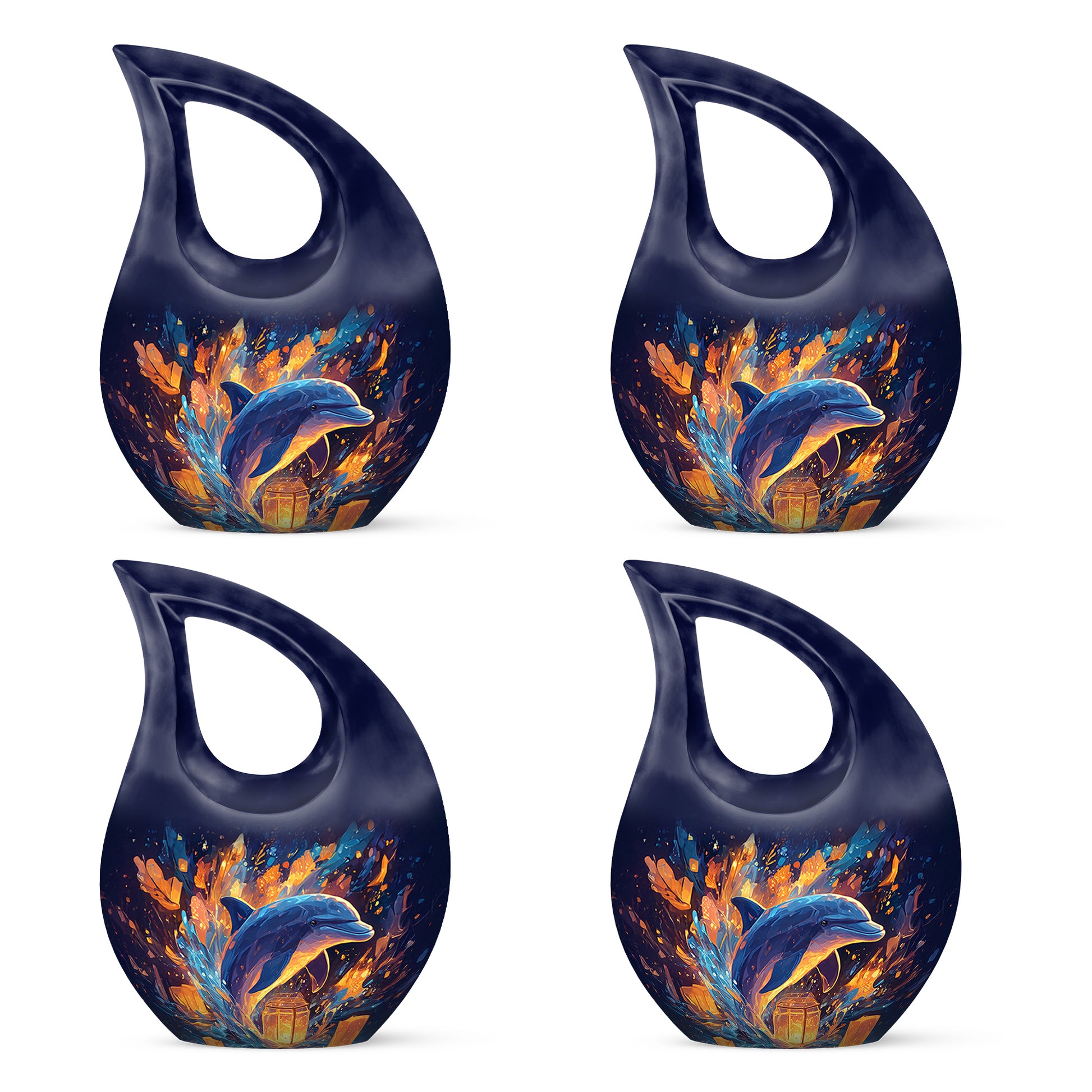 Powder Blue Dolphin Cremation Urn lifestyle display on memorial shelf - sacred cross merged with dolphin motif on metal - 10 inch aluminum urn for cremated remains