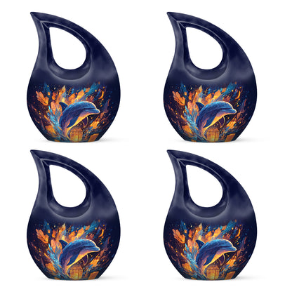 Powder Blue Dolphin Cremation Urn lifestyle display on memorial shelf - sacred cross merged with dolphin motif on metal - 10 inch aluminum urn for cremated remains