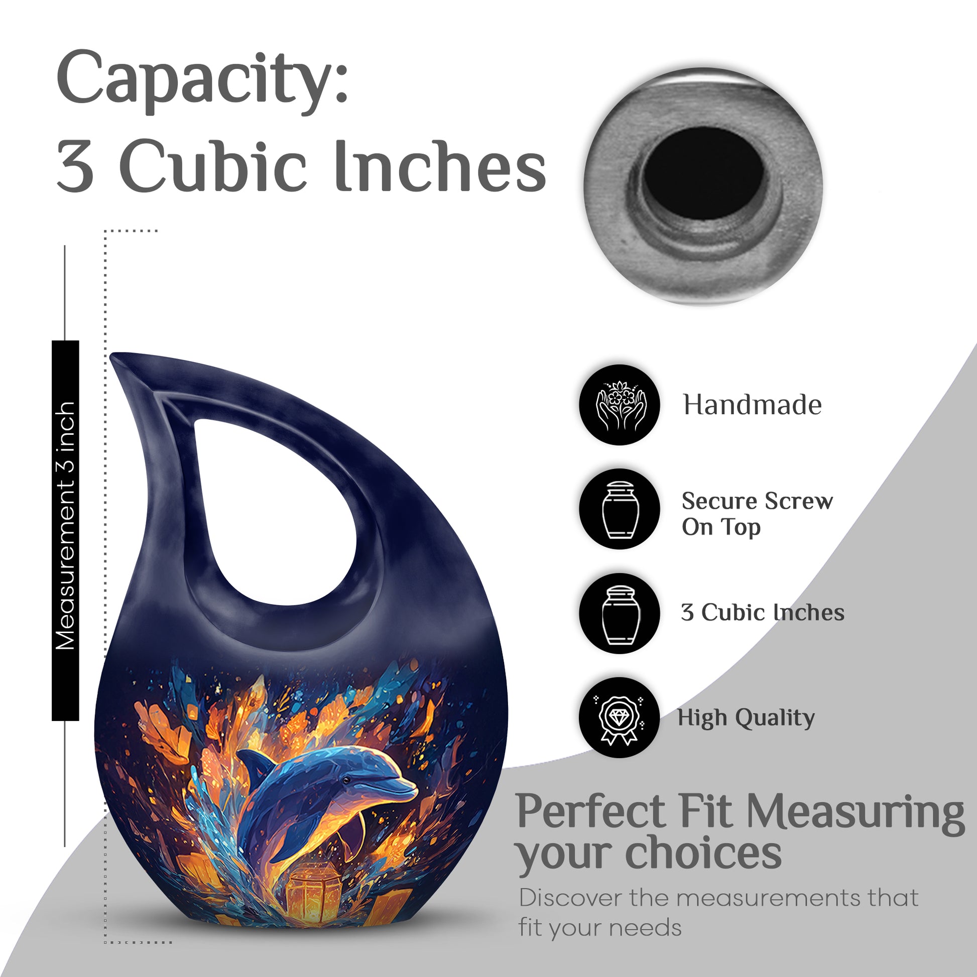 Indigo Dolphin Cremation Urn back view with polished surface - sacred cross merged with dolphin motif on metal - mini keepsake memorial for portion of cremation ashes
