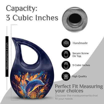 Indigo Dolphin Cremation Urn back view with polished surface - sacred cross merged with dolphin motif on metal - mini keepsake memorial for portion of cremation ashes