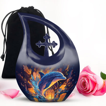 Serene Blue Dolphin Cremation Urn top-down view of secure threaded lid - faith-inspired cross-drop urn with dolphin pattern - full-size 10 inch 200 cubic inch adult cremation urn