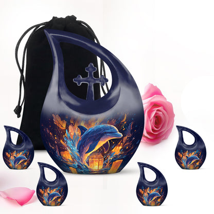 Sky Blue Dolphin Cremation Urn urn with complimentary velvet bag - sacred cross merged with dolphin motif on metal - memorial set with one large and four small urns
