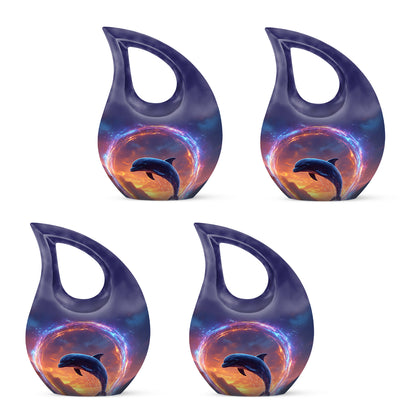 Dusty Blue Dolphin Cremation Urn lifestyle display on memorial shelf - cross and dolphin combined in spiritual memorial design - 10 inch aluminum urn for cremated remains