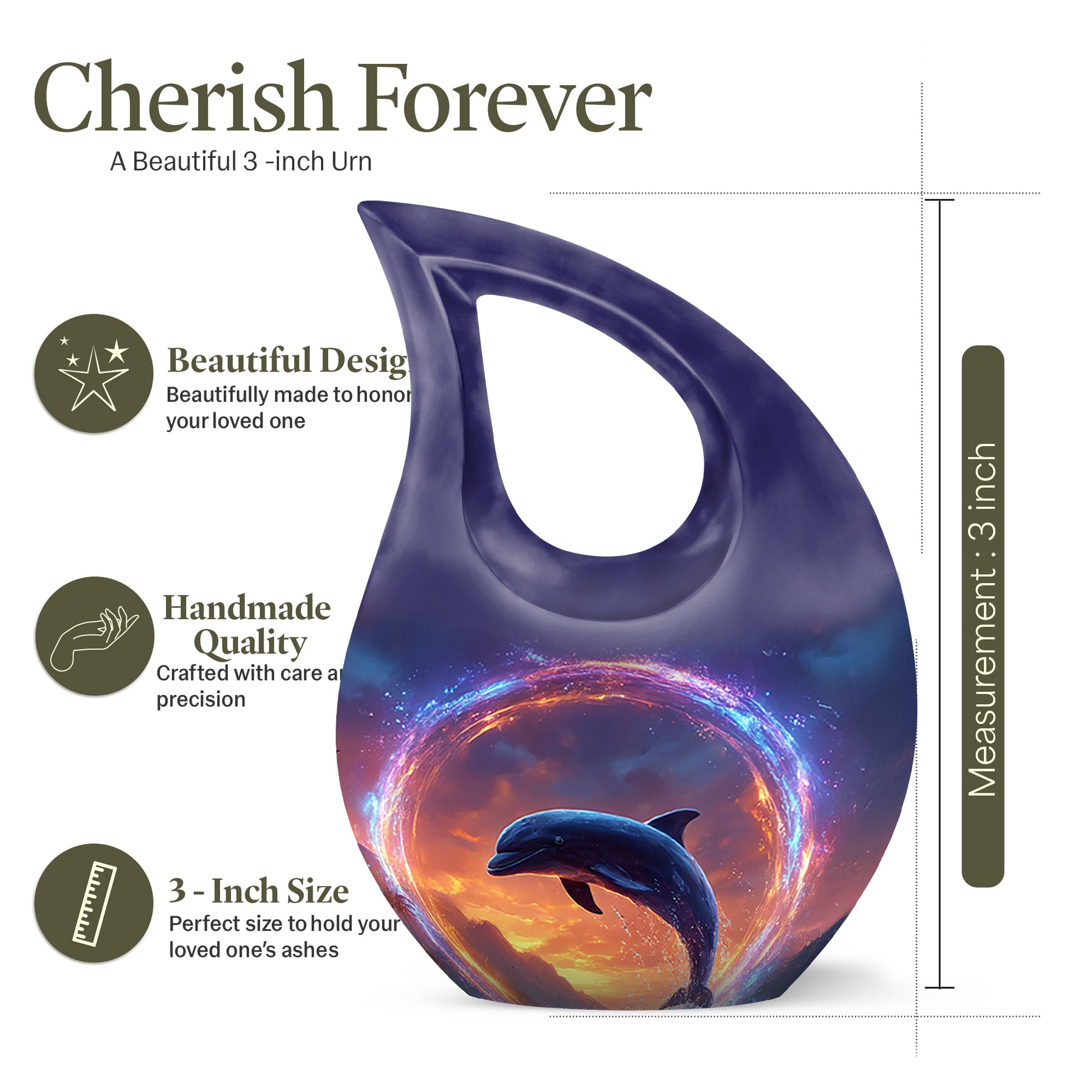 Icy Blue Dolphin Cremation Urn back view with polished surface - cross and dolphin combined in spiritual memorial design - mini keepsake memorial for portion of cremation ashes