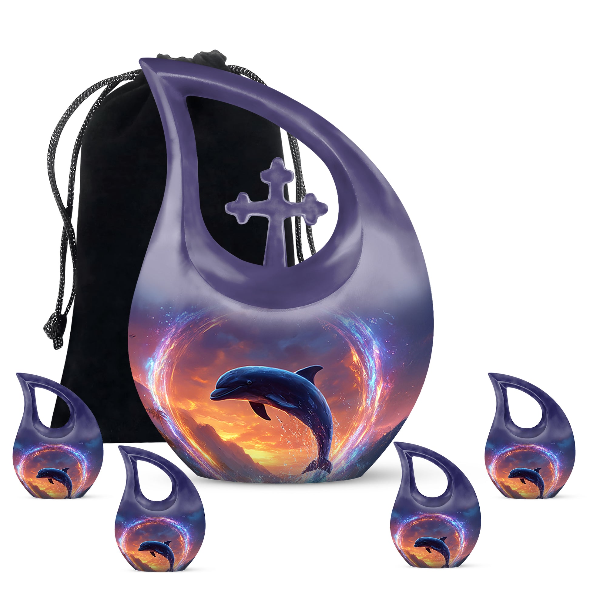 Steel Blue Dolphin Cremation Urn urn with complimentary velvet bag - devotional cross-drop dolphin engraving - memorial set with one large and four small urns