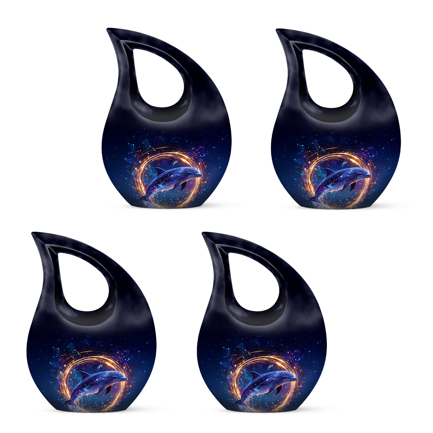 Bright Blue Dolphin Cremation Urn lifestyle display on memorial shelf - faith-inspired cross-drop urn with dolphin pattern - 10 inch aluminum urn for cremated remains