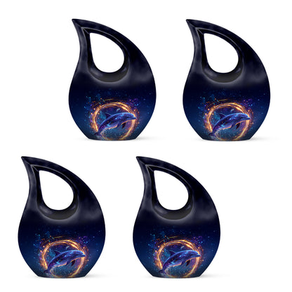 Bright Blue Dolphin Cremation Urn lifestyle display on memorial shelf - faith-inspired cross-drop urn with dolphin pattern - 10 inch aluminum urn for cremated remains
