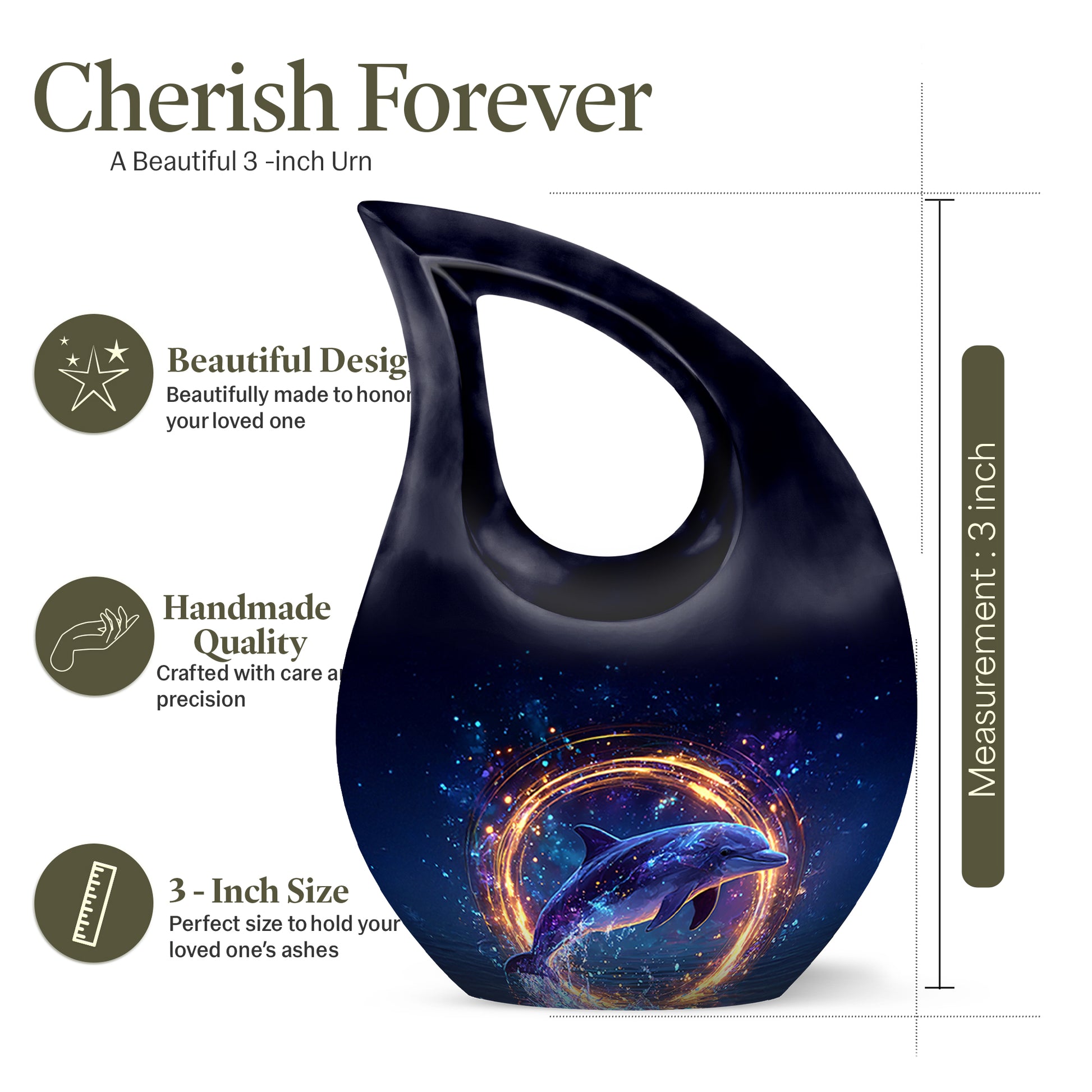 Soft Blue Dolphin Cremation Urn back view with polished surface - faith-inspired cross-drop urn with dolphin pattern - mini keepsake memorial for portion of cremation ashes