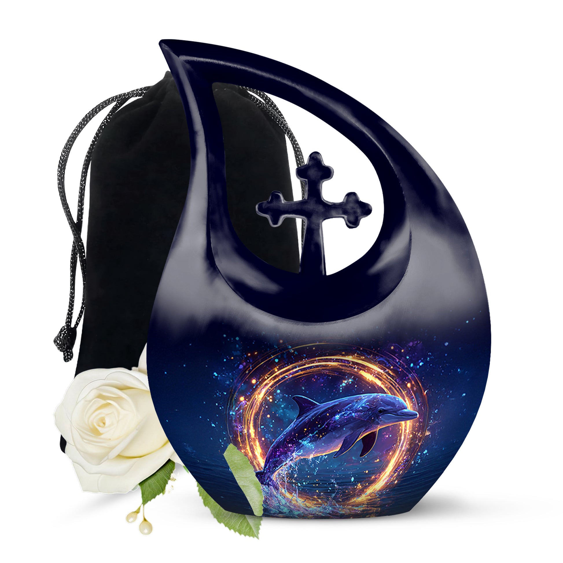 Dusty Blue Dolphin Cremation Urn top-down view of secure threaded lid - sacred cross merged with dolphin motif on metal - full-size 10 inch 200 cubic inch adult cremation urn