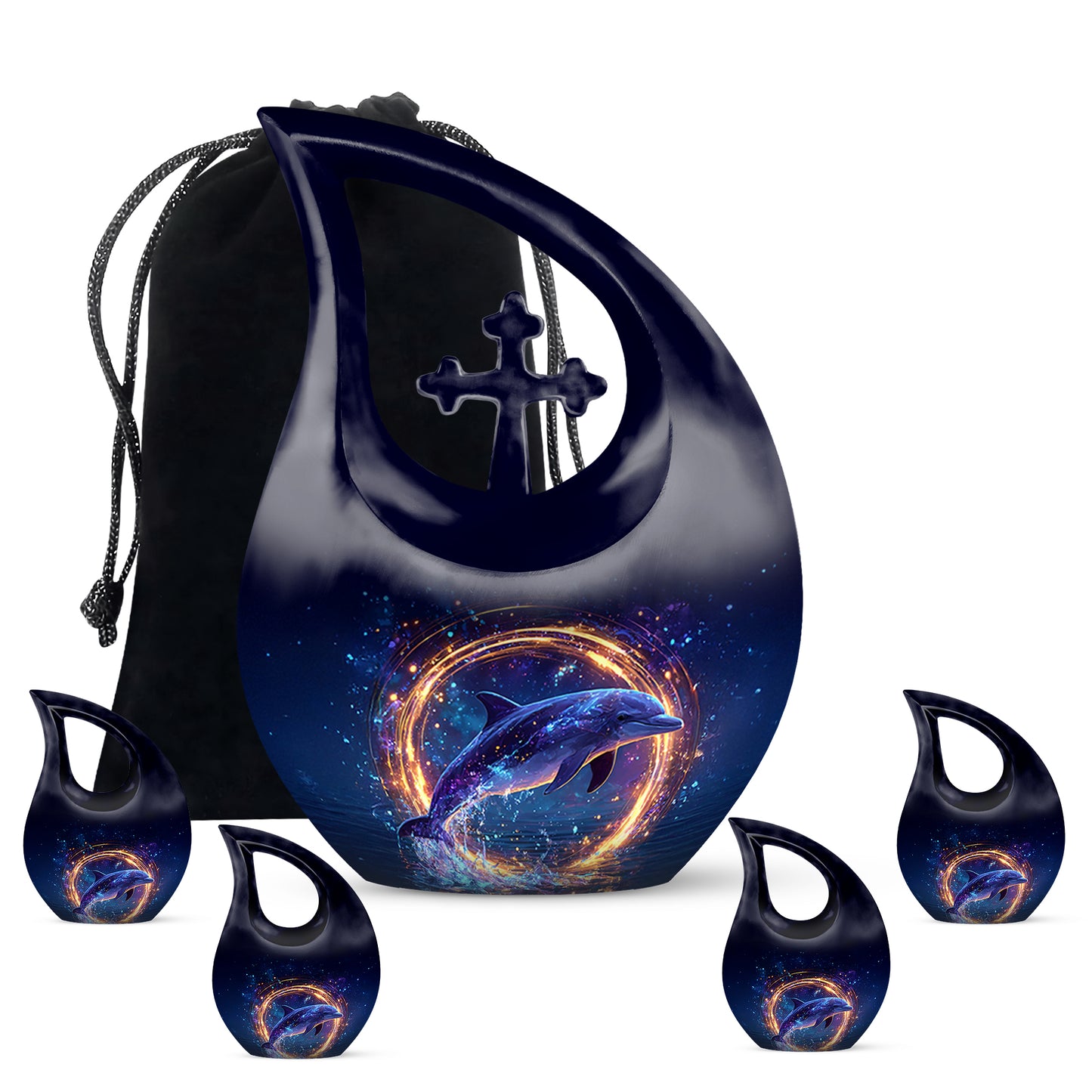 Twilight Blue Dolphin Cremation Urn urn with complimentary velvet bag - faith-inspired cross-drop urn with dolphin pattern - memorial set with one large and four small urns