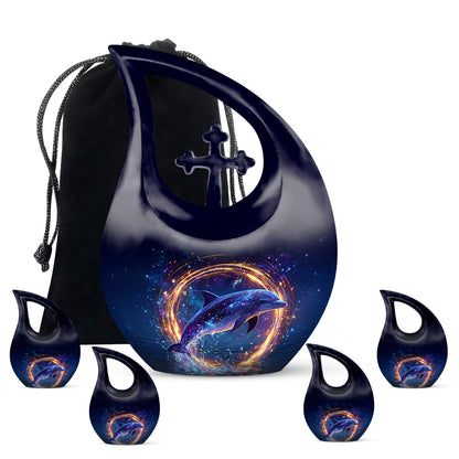 Twilight Blue Dolphin Cremation Urn urn with complimentary velvet bag - faith-inspired cross-drop urn with dolphin pattern - memorial set with one large and four small urns