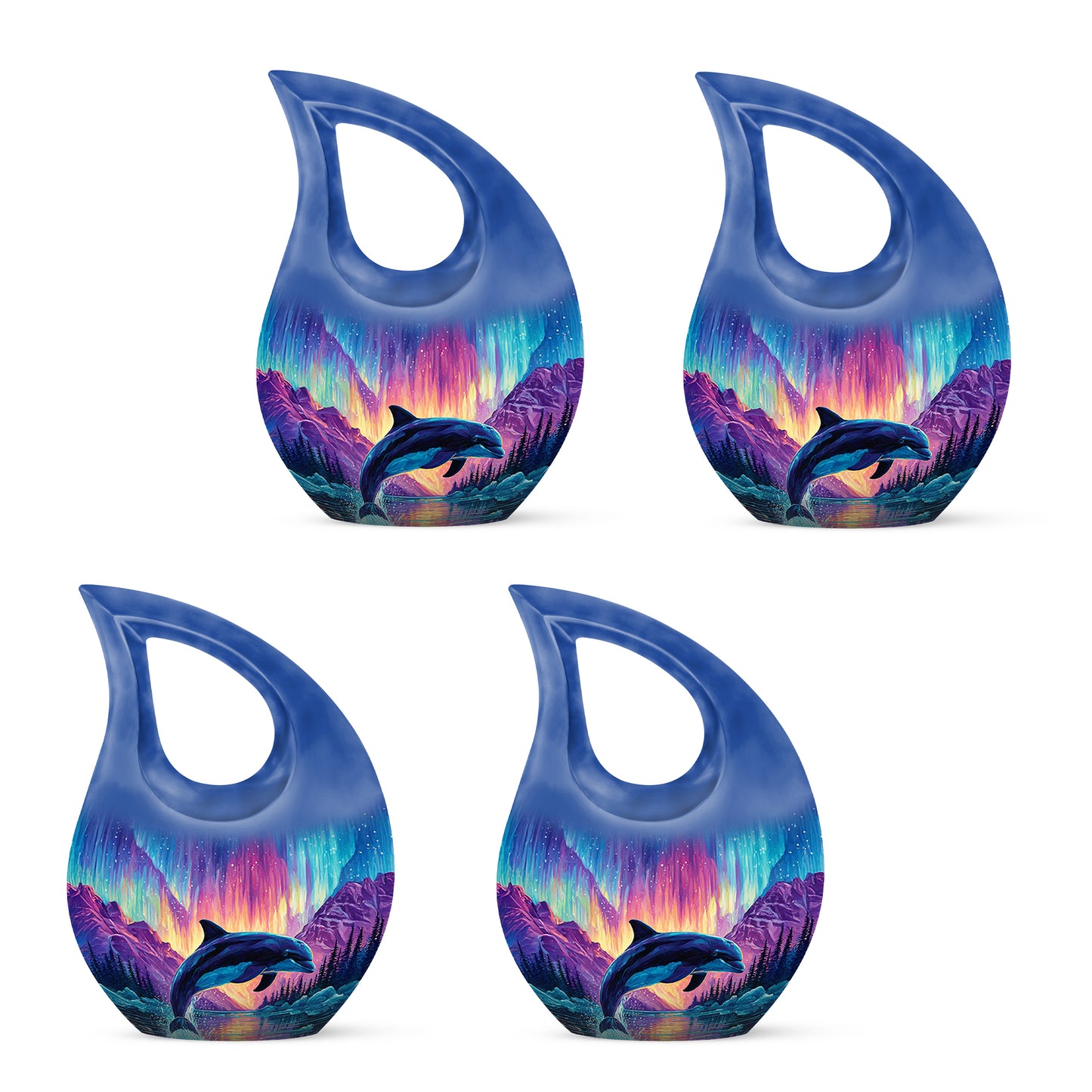 Pastel Blue Dolphin Cremation Urn lifestyle display on memorial shelf - sacred cross merged with dolphin motif on metal - 10 inch aluminum urn for cremated remains