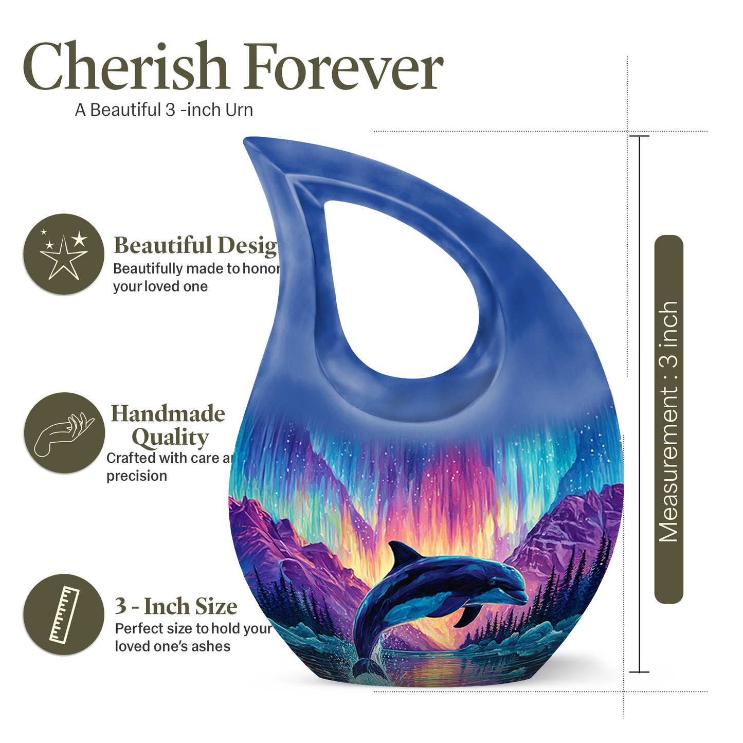 Navy Blue Dolphin Cremation Urn back view with polished surface - sacred cross merged with dolphin motif on metal - mini keepsake memorial for portion of cremation ashes
