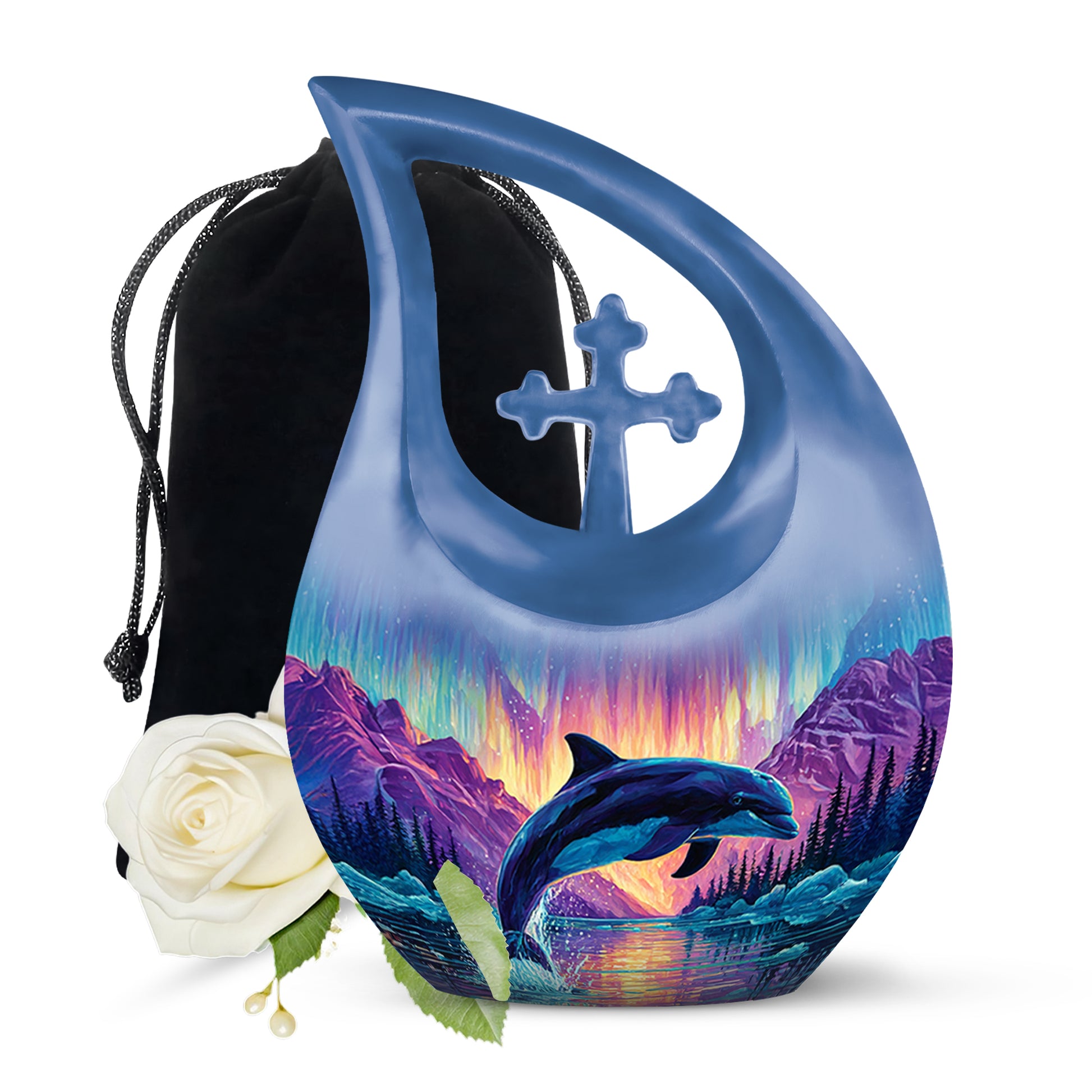 Icy Blue Dolphin Cremation Urn top-down view of secure threaded lid - cross and dolphin combined in spiritual memorial design - full-size 10 inch 200 cubic inch adult cremation urn