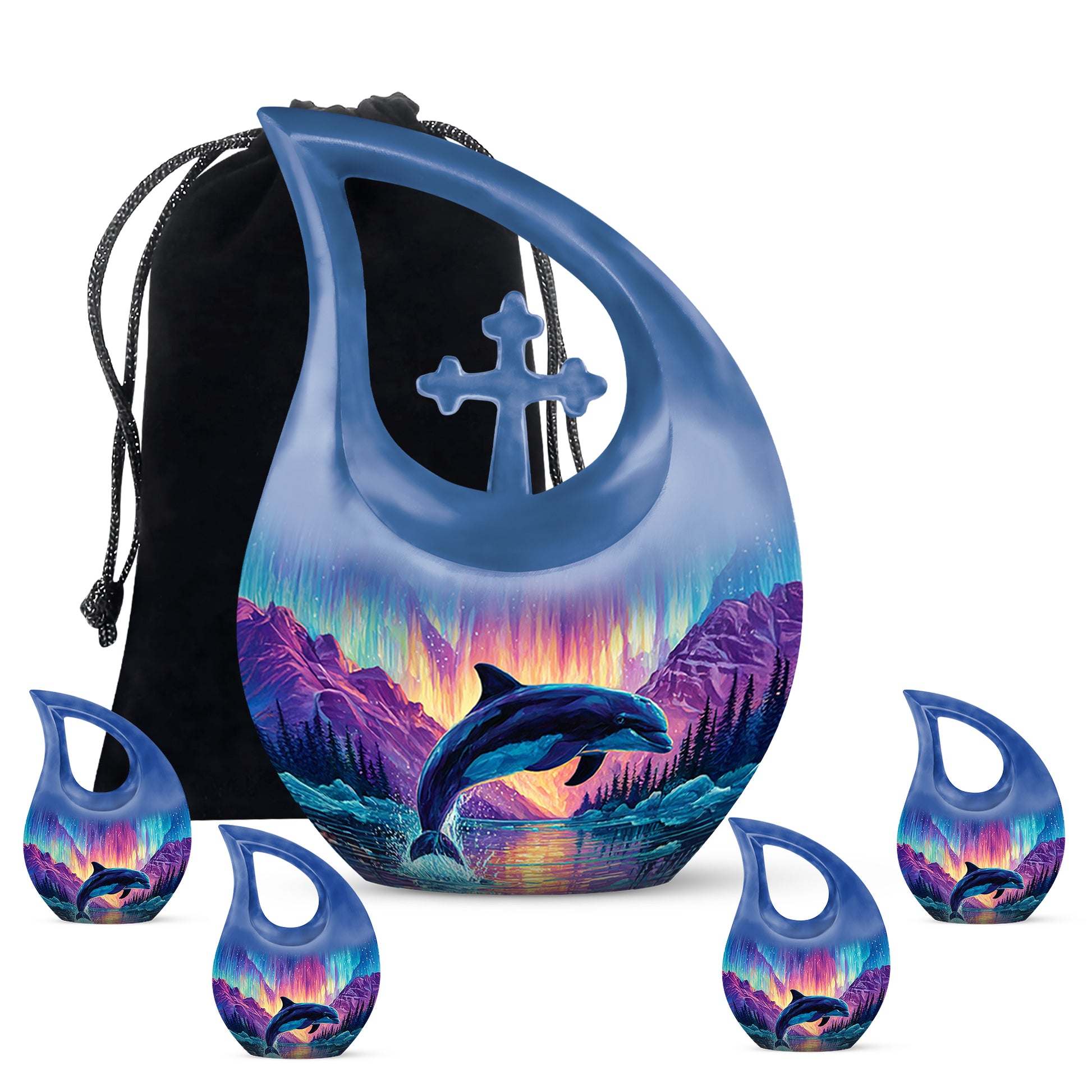Royal Blue Dolphin Cremation Urn urn with complimentary velvet bag - devotional cross-drop dolphin engraving - memorial set with one large and four small urns