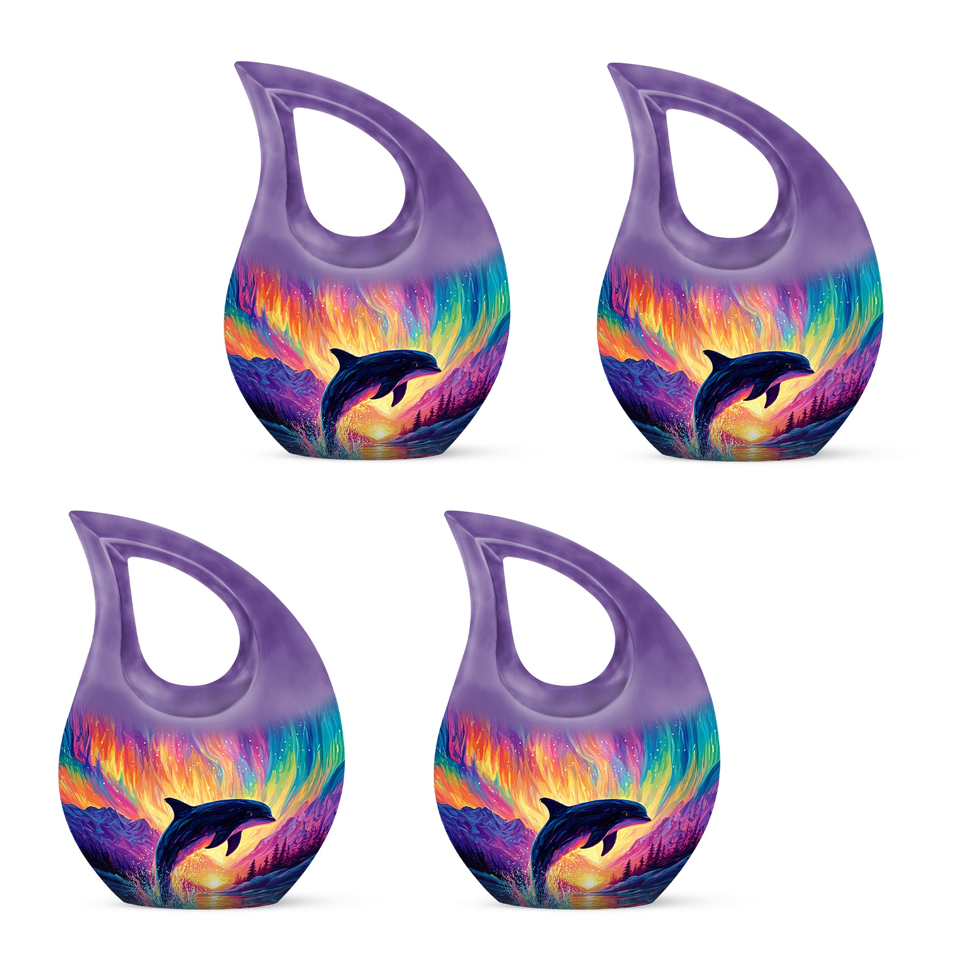 Amethyst Purple Dolphin Cremation Urn lifestyle display on memorial shelf - cross and dolphin combined in spiritual memorial design - 10 inch aluminum urn for cremated remains