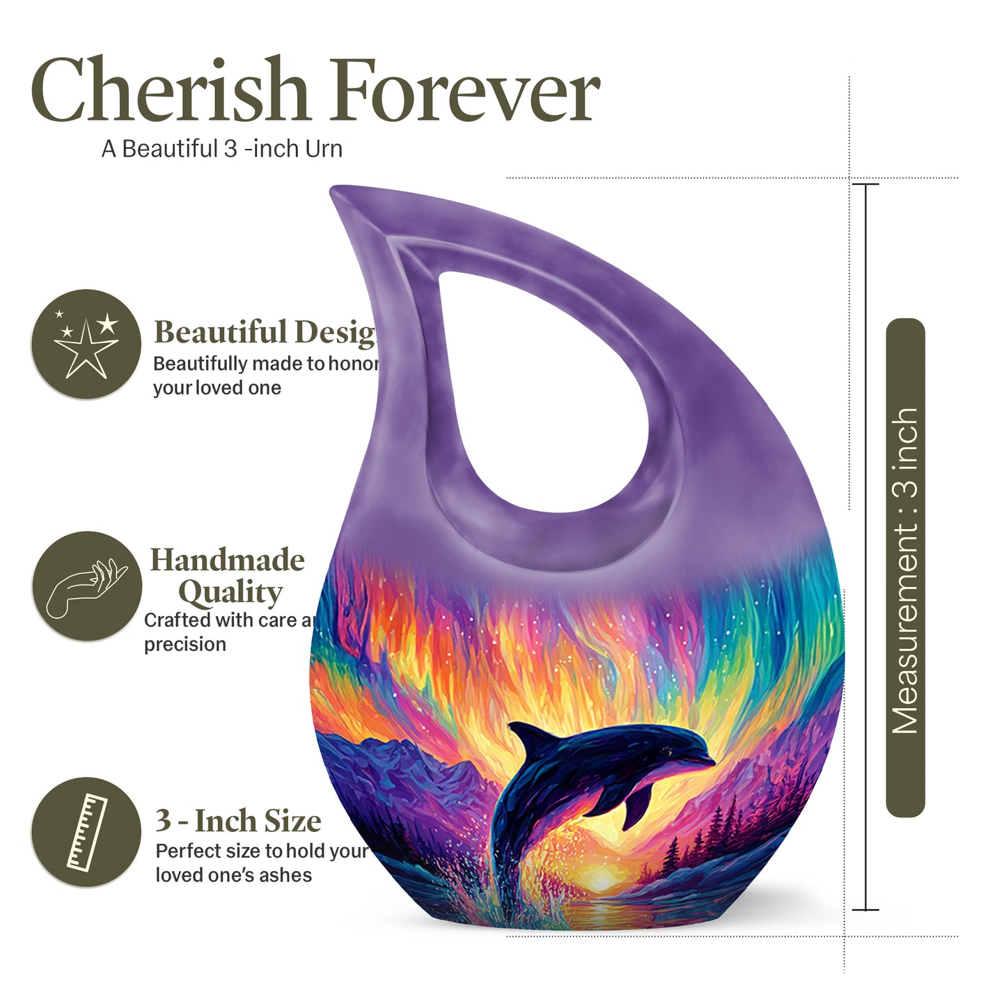 Grape Purple Dolphin Cremation Urn back view with polished surface - devotional cross-drop dolphin engraving - mini keepsake memorial for portion of cremation ashes