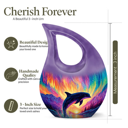 Grape Purple Dolphin Cremation Urn back view with polished surface - devotional cross-drop dolphin engraving - mini keepsake memorial for portion of cremation ashes