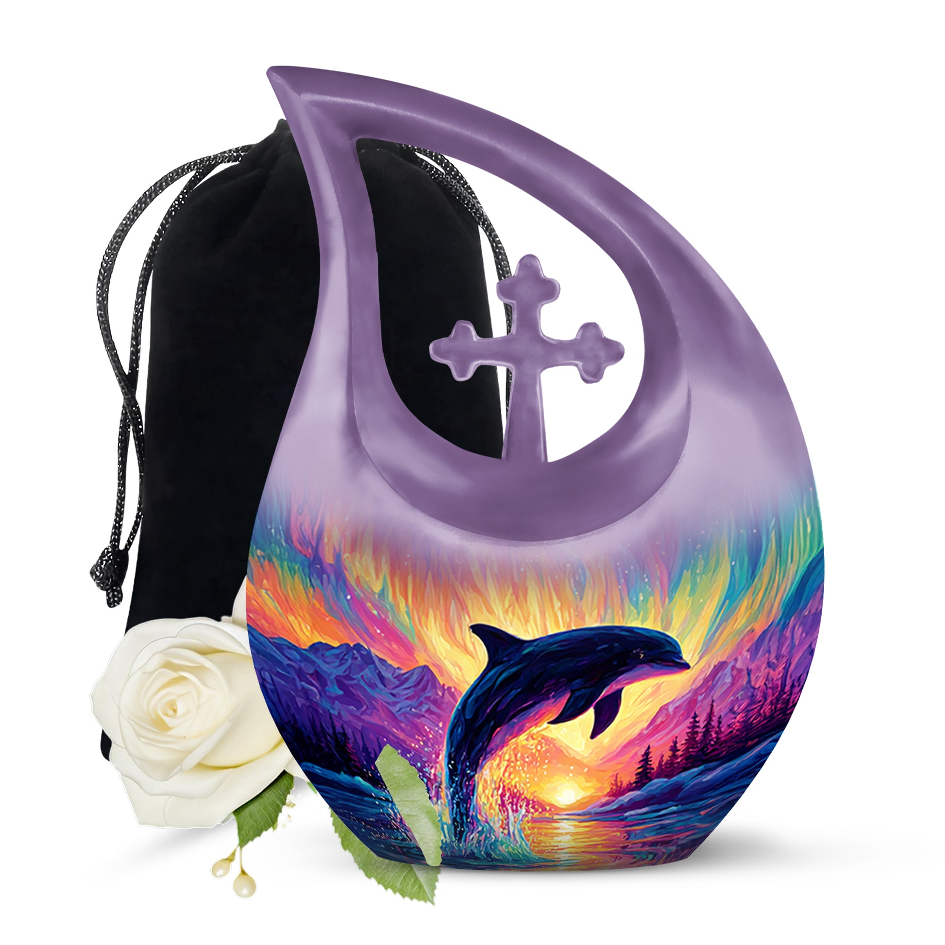 Orchid Purple Dolphin Cremation Urn top-down view of secure threaded lid - sacred cross merged with dolphin motif on metal - full-size 10 inch 200 cubic inch adult cremation urn