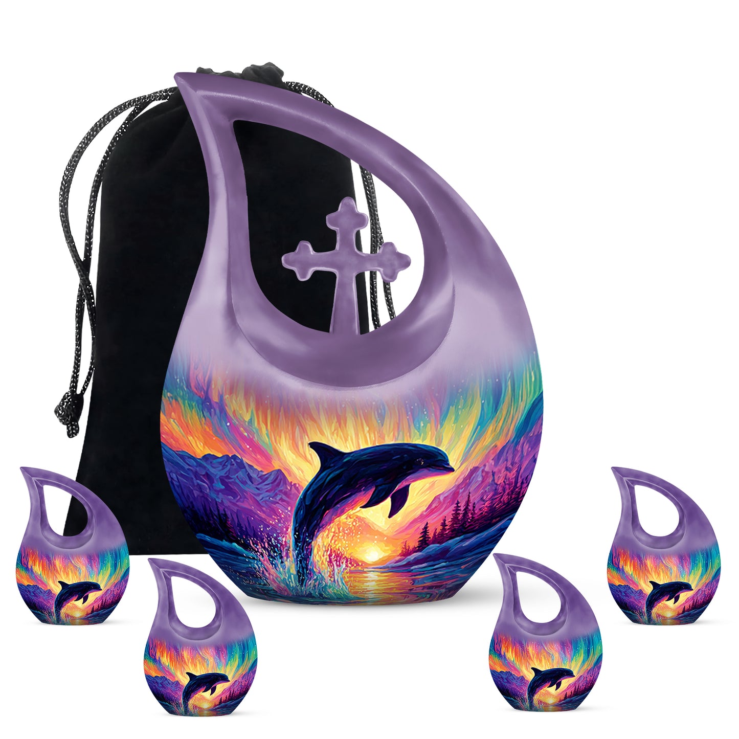 Violet Purple Dolphin Cremation Urn urn with complimentary velvet bag - devotional cross-drop dolphin engraving - memorial set with one large and four small urns
