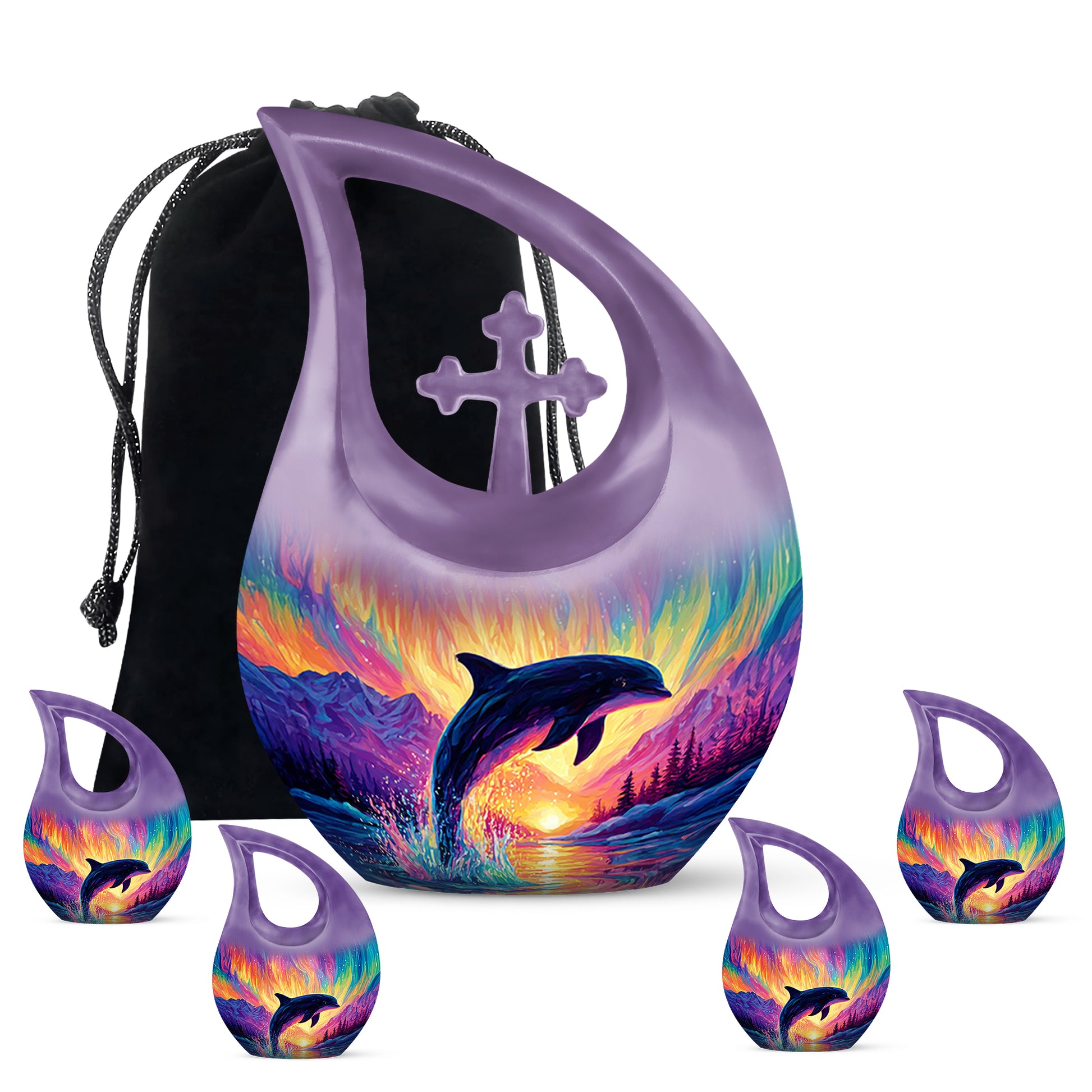 Violet Purple Dolphin Cremation Urn urn with complimentary velvet bag - devotional cross-drop dolphin engraving - memorial set with one large and four small urns