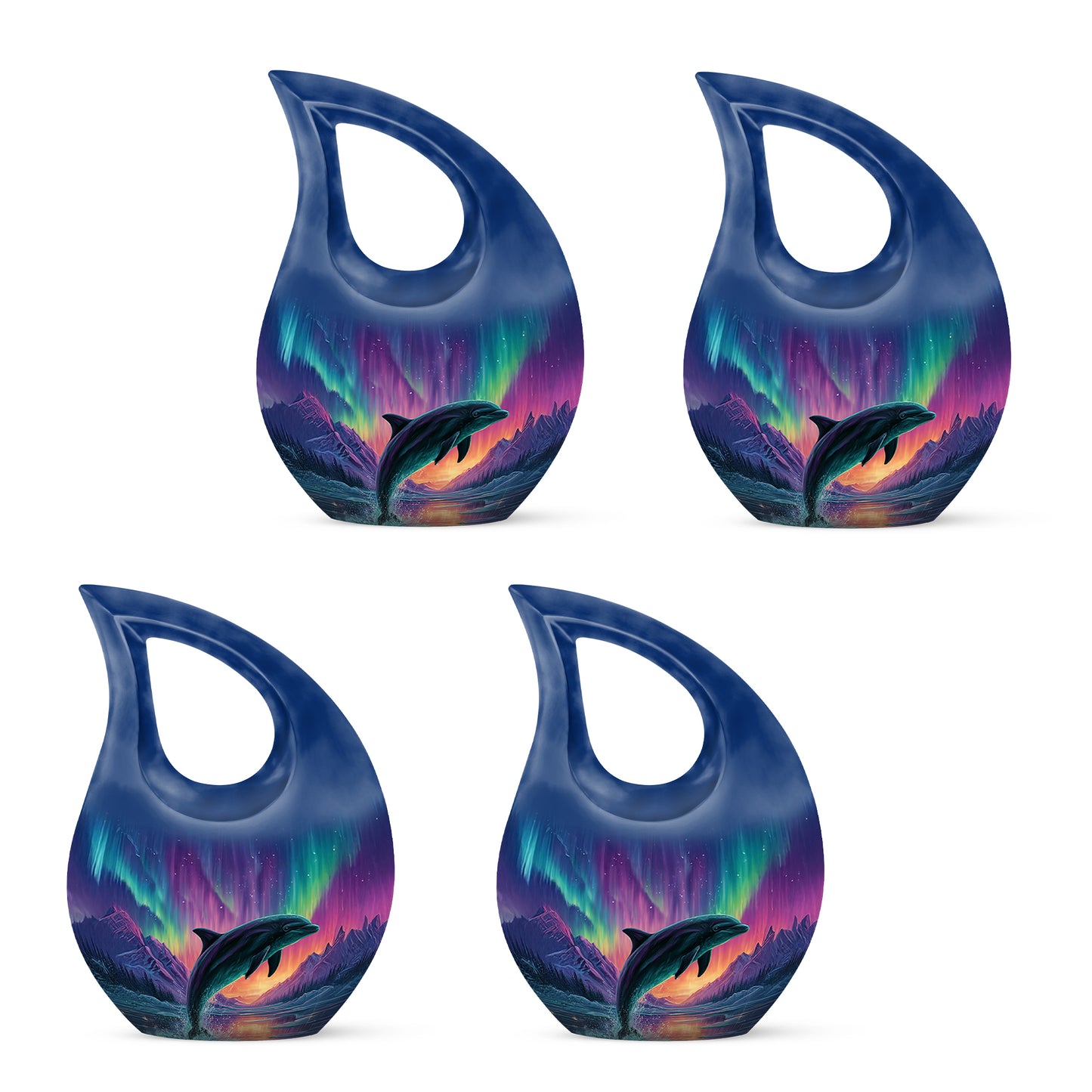Sapphire Blue Dolphin Cremation Urn lifestyle display on memorial shelf - devotional cross-drop dolphin engraving - 10 inch aluminum urn for cremated remains