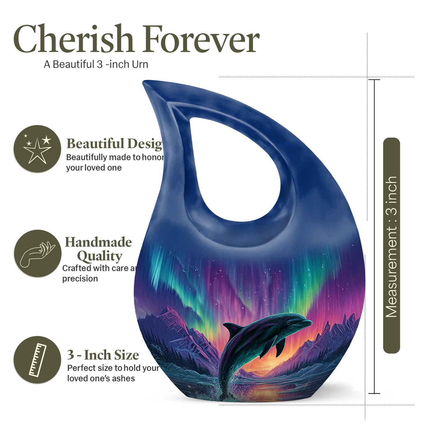 Serene Blue Dolphin Cremation Urn back view with polished surface - devotional cross-drop dolphin engraving - mini keepsake memorial for portion of cremation ashes