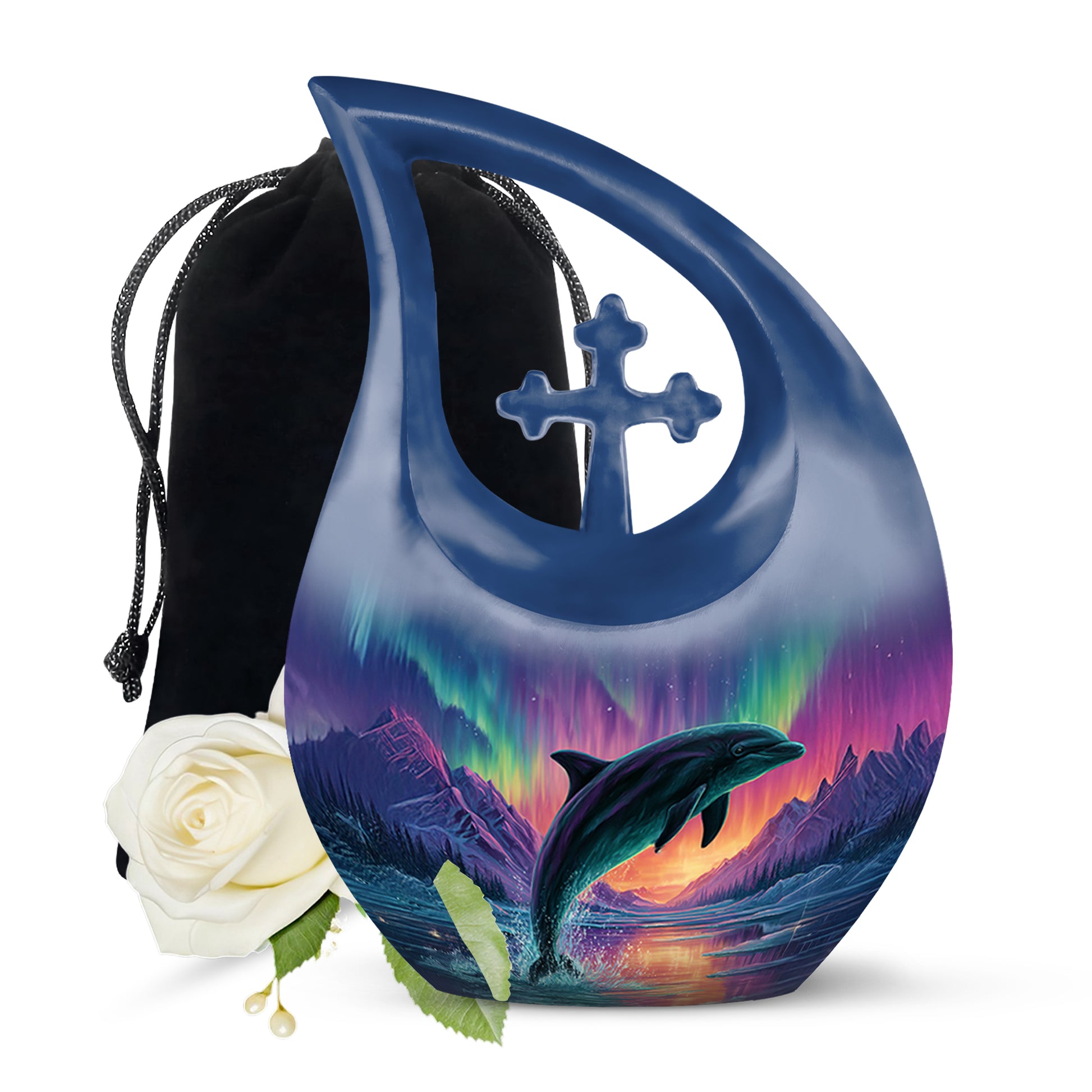 Icy Blue Dolphin Cremation Urn top-down view of secure threaded lid - sacred cross merged with dolphin motif on metal - full-size 10 inch 200 cubic inch adult cremation urn