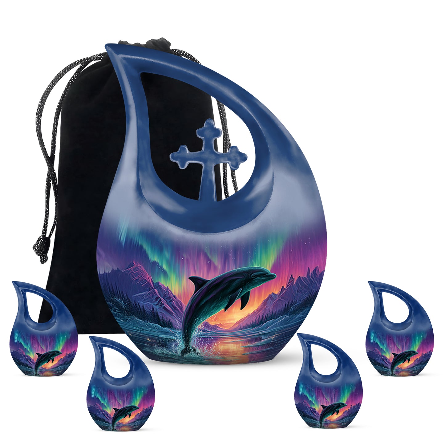 Dusty Blue Dolphin Cremation Urn urn with complimentary velvet bag - sacred cross merged with dolphin motif on metal - memorial set with one large and four small urns