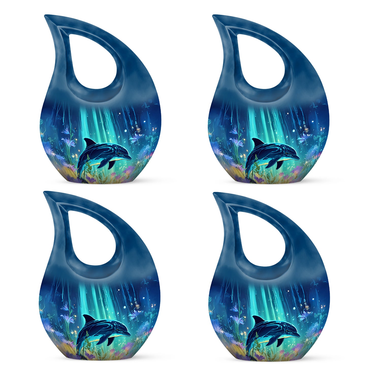 Pastel Blue Dolphin Cremation Urn lifestyle display on memorial shelf - sacred cross merged with dolphin motif on metal - 10 inch aluminum urn for cremated remains