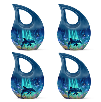 Pastel Blue Dolphin Cremation Urn lifestyle display on memorial shelf - sacred cross merged with dolphin motif on metal - 10 inch aluminum urn for cremated remains
