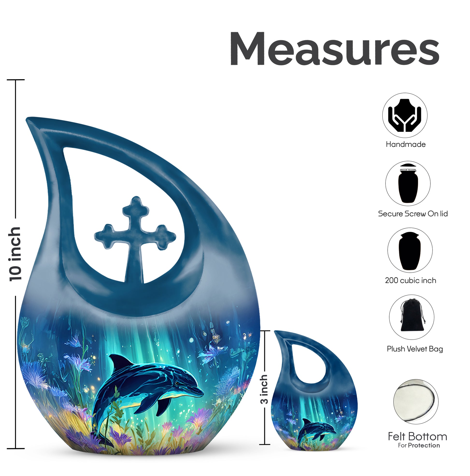 Twilight Blue Dolphin Cremation Urn back view with polished surface - devotional cross-drop dolphin engraving - mini keepsake memorial for portion of cremation ashes