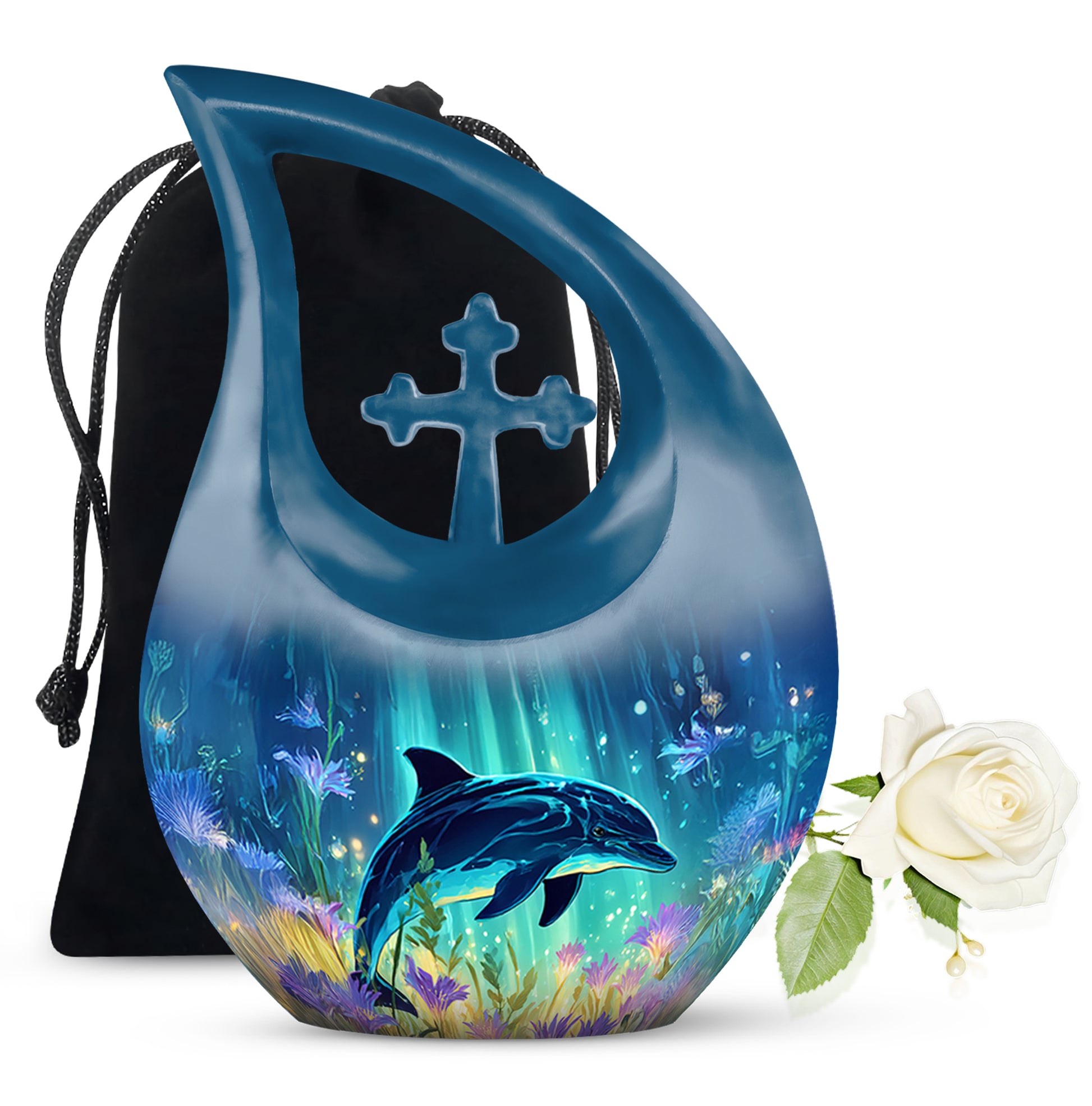 Navy Blue Dolphin Cremation Urn top-down view of secure threaded lid - cross and dolphin combined in spiritual memorial design - full-size 10 inch 200 cubic inch adult cremation urn