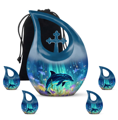 Misty Blue Dolphin Cremation Urn urn with complimentary velvet bag - sacred cross merged with dolphin motif on metal - memorial set with one large and four small urns