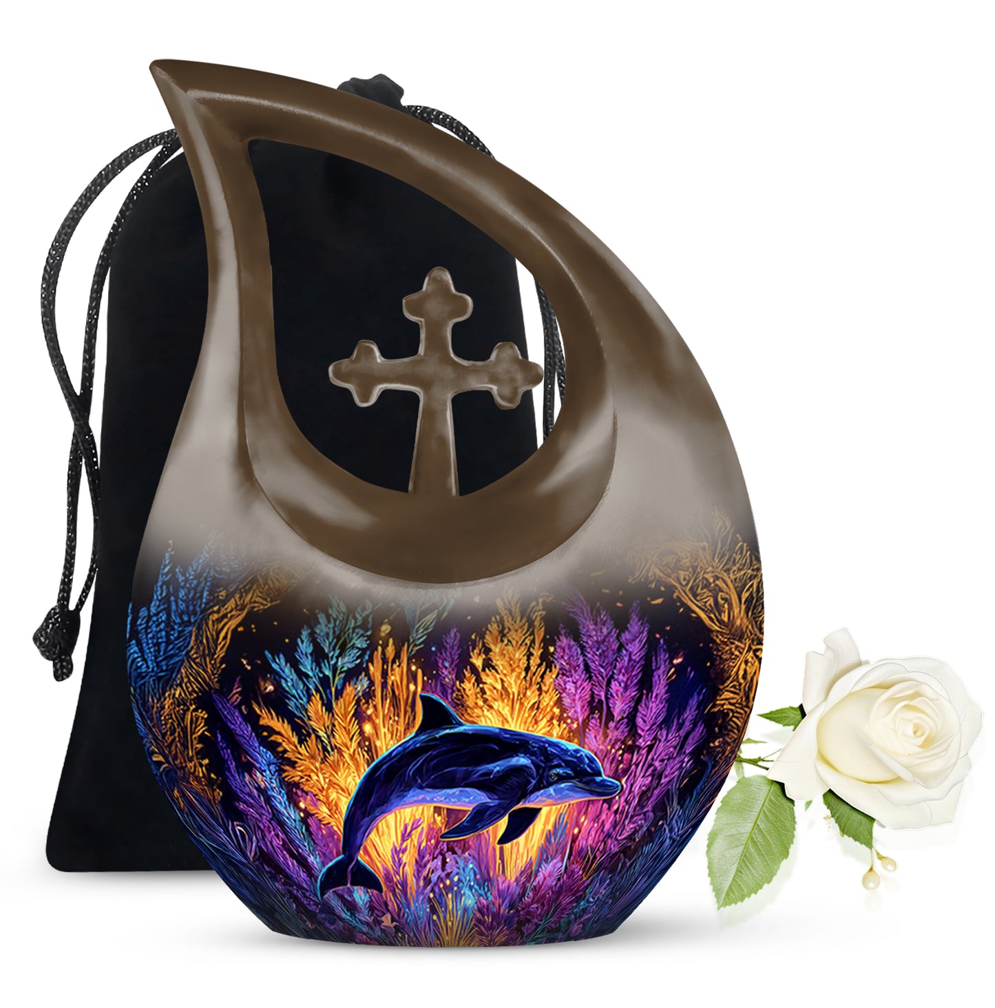 Harvest Gold Dolphin Cremation Urn top-down view of secure threaded lid - devotional cross-drop dolphin engraving - full-size 10 inch 200 cubic inch adult cremation urn