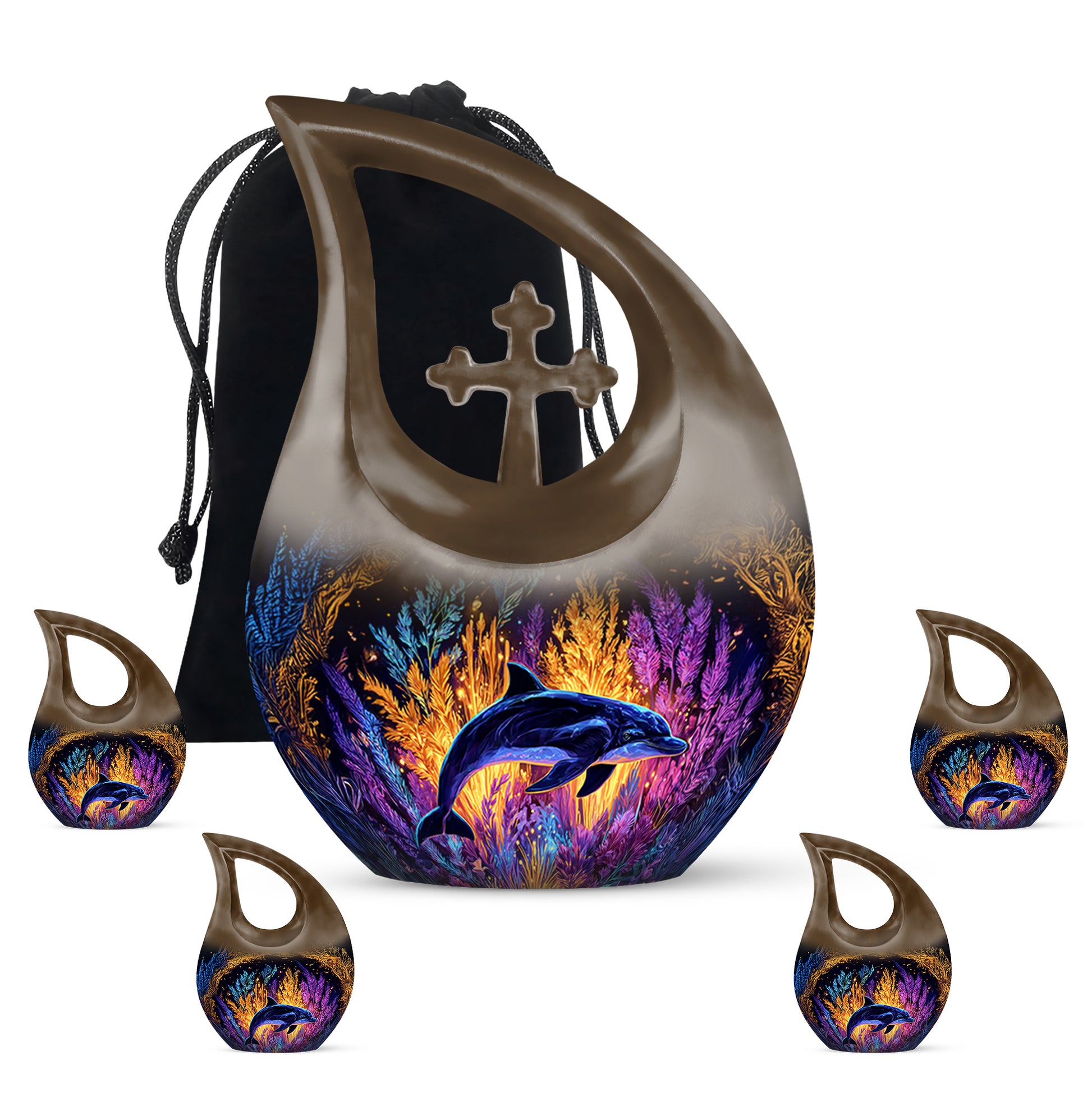 Gilded Gold Dolphin Cremation Urn urn with complimentary velvet bag - sacred cross merged with dolphin motif on metal - memorial set with one large and four small urns