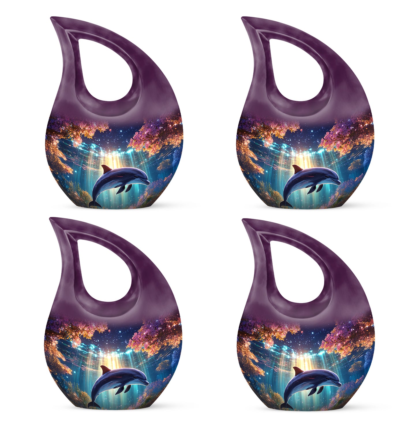Deep Purple Dolphin Cremation Urn lifestyle display on memorial shelf - cross and dolphin combined in spiritual memorial design - 10 inch aluminum urn for cremated remains