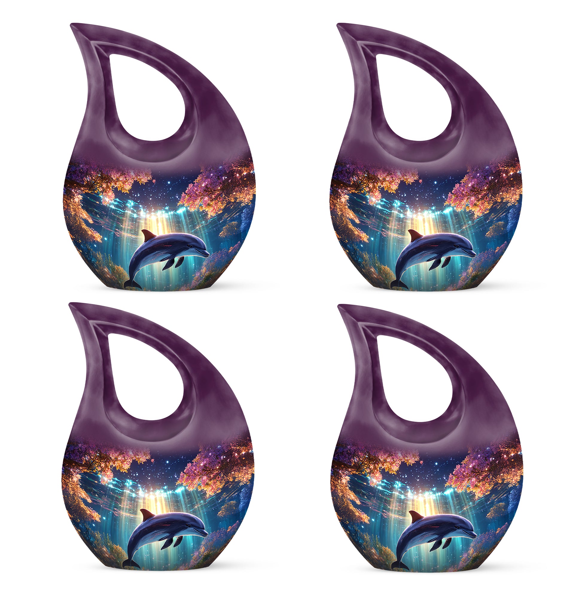 Deep Purple Dolphin Cremation Urn lifestyle display on memorial shelf - cross and dolphin combined in spiritual memorial design - 10 inch aluminum urn for cremated remains