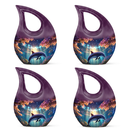 Deep Purple Dolphin Cremation Urn lifestyle display on memorial shelf - cross and dolphin combined in spiritual memorial design - 10 inch aluminum urn for cremated remains