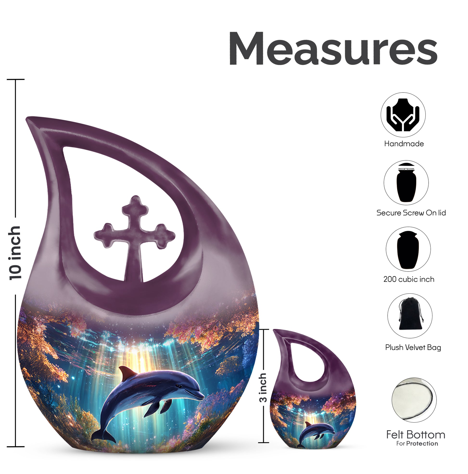 Grape Purple Dolphin Cremation Urn back view with polished surface - faith-inspired cross-drop urn with dolphin pattern - mini keepsake memorial for portion of cremation ashes