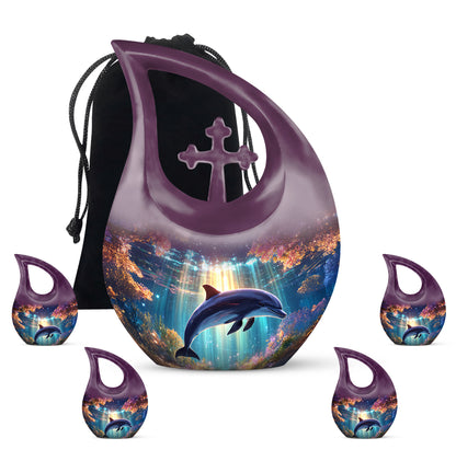 Violet Purple Dolphin Cremation Urn urn with complimentary velvet bag - faith-inspired cross-drop urn with dolphin pattern - memorial set with one large and four small urns