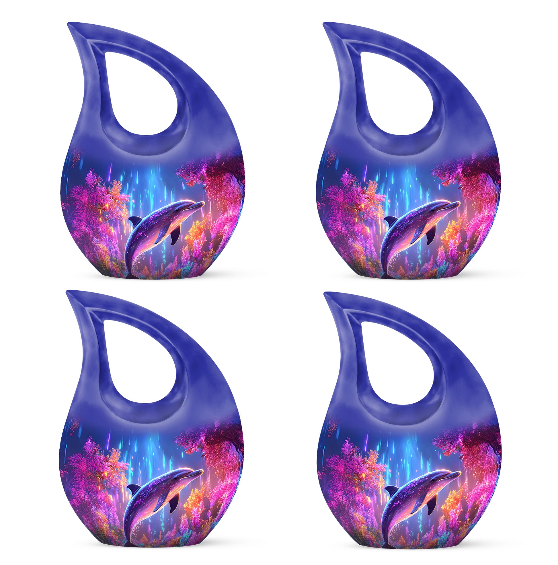 Powder Blue Dolphin Cremation Urn lifestyle display on memorial shelf - sacred cross merged with dolphin motif on metal - 10 inch aluminum urn for cremated remains